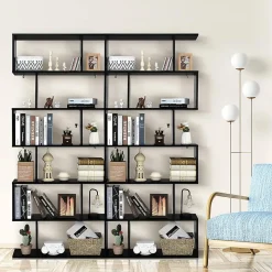 Bibliothèque Étagère 6 Niveaux, Étagère de Rangement Mural en Forme S en Bois, Meuble Scandinave 80 x 23 x 192 CM (Noir)