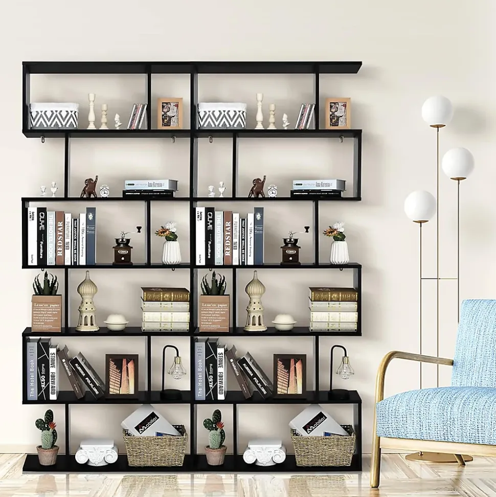 Bibliothèque Étagère 6 Niveaux, Étagère de Rangement Mural en Forme S en Bois, Meuble Scandinave 80 x 23 x 192 CM (Noir)