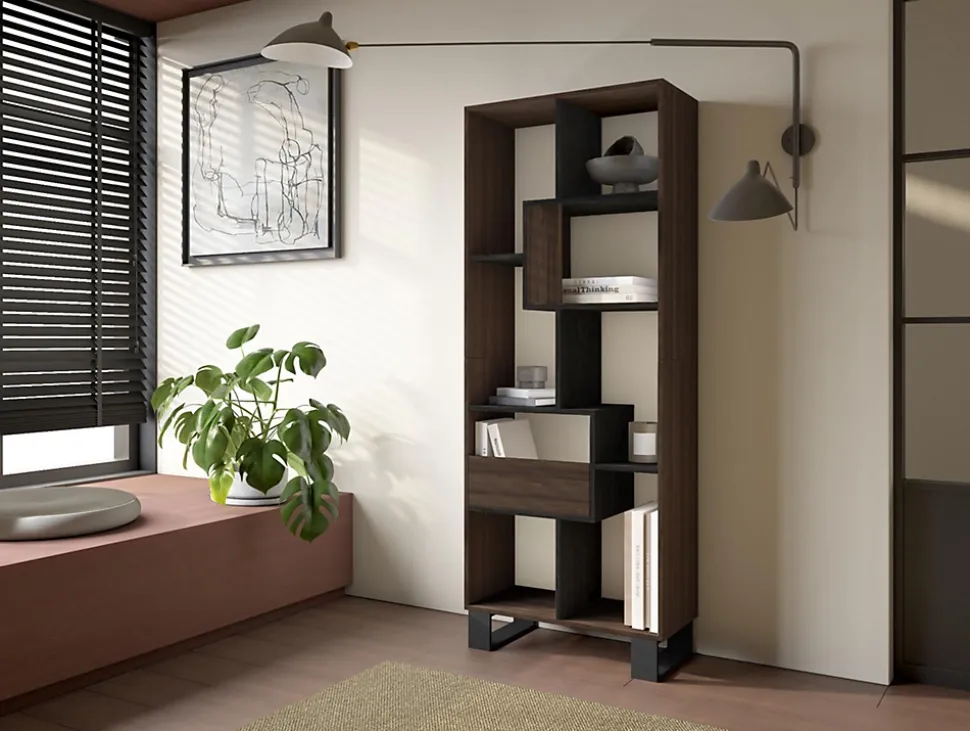Bibliothèque étagère asymétrique 8 compartiments 67x31x174cm Chêne foncé et Noir