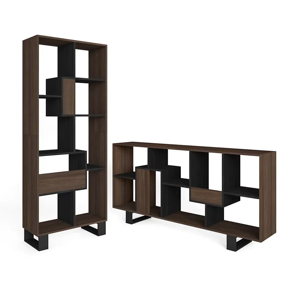 Bibliothèque étagère asymétrique 8 compartiments 67x31x174cm Chêne foncé et Noir