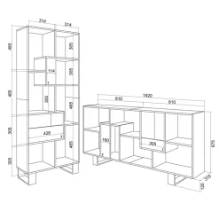 Bibliothèque étagère asymétrique 8 compartiments 67x31x174cm Chêne foncé et Noir