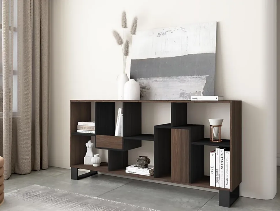 Bibliothèque étagère asymétrique 8 compartiments 67x31x174cm Chêne foncé et Noir