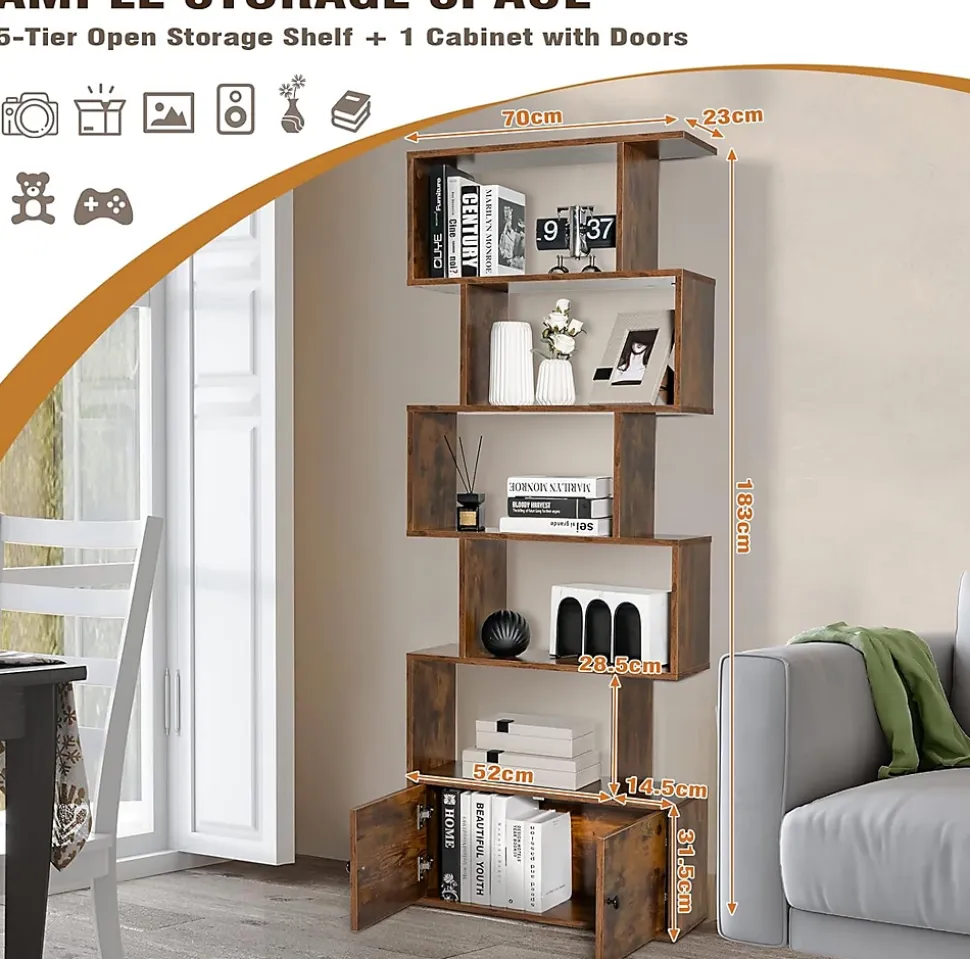 Bibliothèque étagère de Rangement à 5 Niveaux en Forme S avec Armoire Dispositif Anti-Basculement,en Bois pour Salon