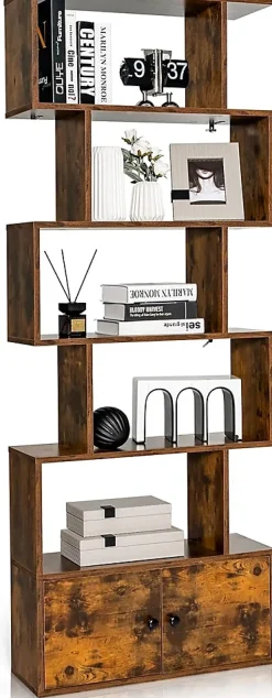 Bibliothèque étagère de Rangement à 5 Niveaux en Forme S avec Armoire Dispositif Anti-Basculement,en Bois pour Salon