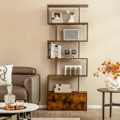 Bibliothèque étagère de Rangement à 5 Niveaux en Forme S avec Armoire Dispositif Anti-Basculement,en Bois pour Salon