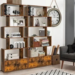 Bibliothèque étagère de Rangement à 5 Niveaux en Forme S avec Armoire Dispositif Anti-Basculement,en Bois pour Salon