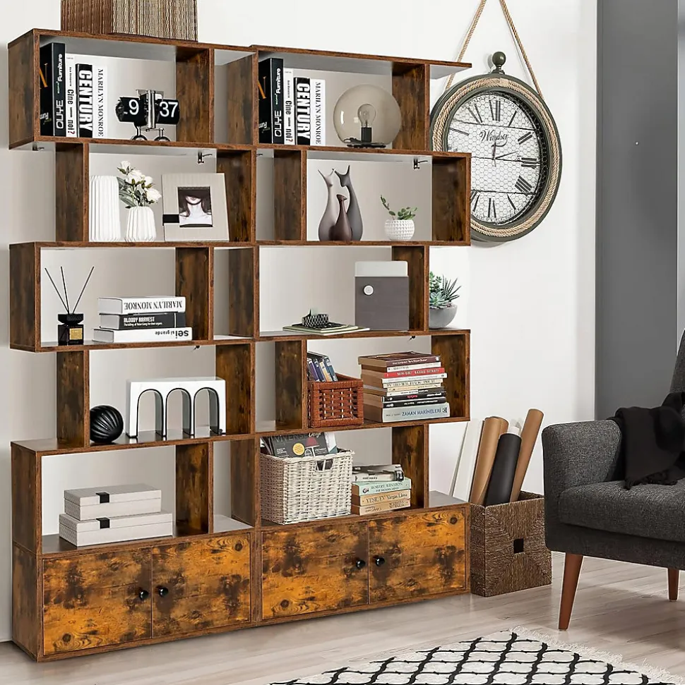 Bibliothèque étagère de Rangement à 5 Niveaux en Forme S avec Armoire Dispositif Anti-Basculement,en Bois pour Salon