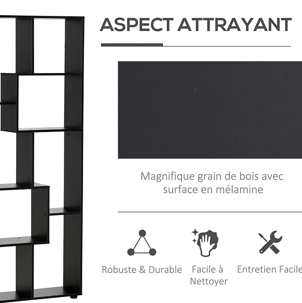 Bibliothèque étagère meuble de rangement dim. 70L x 24l x 178H cm en zigazag et 8 espaces en panneau de particules noir
