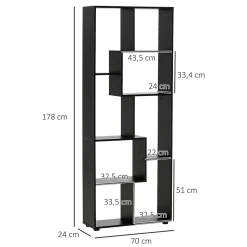 Bibliothèque étagère meuble de rangement dim. 70L x 24l x 178H cm en zigazag et 8 espaces en panneau de particules noir