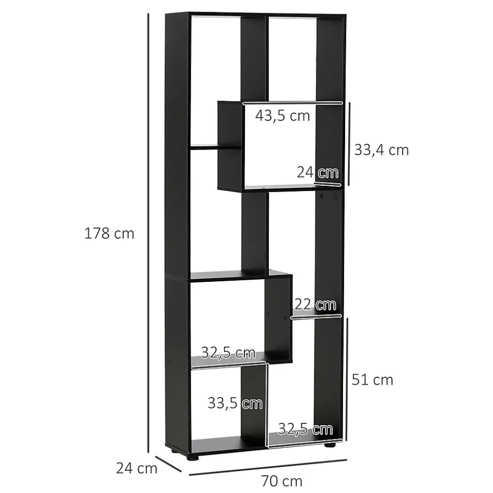 Bibliothèque étagère meuble de rangement dim. 70L x 24l x 178H cm en zigazag et 8 espaces en panneau de particules noir