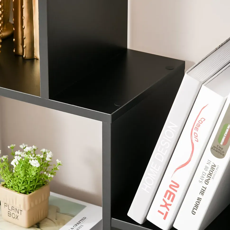 Bibliothèque étagère meuble de rangement dim. 70L x 24l x 178H cm en zigazag et 8 espaces en panneau de particules noir