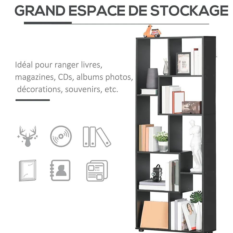 Bibliothèque étagère meuble de rangement dim. 70L x 24l x 178H cm en zigazag et 8 espaces en panneau de particules noir