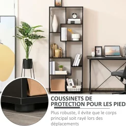 Bibliothèque étagère meuble de rangement dim. 70L x 24l x 178H cm en zigazag et 8 espaces en panneau de particules noir