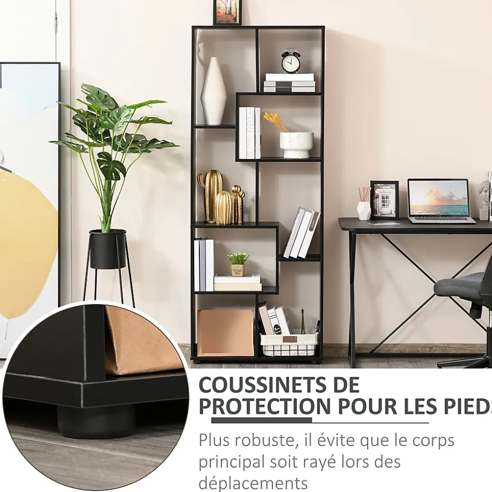 Bibliothèque étagère meuble de rangement dim. 70L x 24l x 178H cm en zigazag et 8 espaces en panneau de particules noir