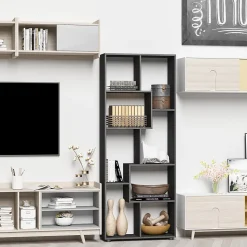 Bibliothèque étagère meuble de rangement dim. 70L x 24l x 178H cm en zigazag et 8 espaces en panneau de particules noir