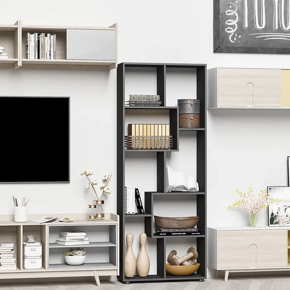Bibliothèque étagère meuble de rangement dim. 70L x 24l x 178H cm en zigazag et 8 espaces en panneau de particules noir
