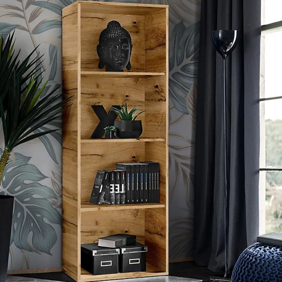 Bibliothèque Étagère Taranto Komodee, Bois Naturel, sans LED, pour Salon, Chambre, Bureau