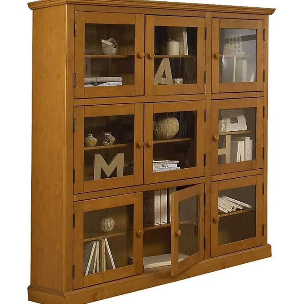 Bibliothèque Vitrine 9 Portes Vitrées Pin Miel Style Anglais L 163 H 170 P 37 cm - L 163 x l 37 x H 170 cm