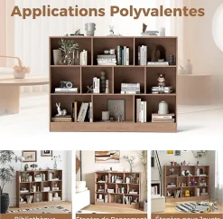 Bibliothèque,avec 10 Cubes Ouvertes, Étagère à 3 Niveaux pour Livres Jouets, pour Salon,Chambre, 140x24x104CM (Naturel)