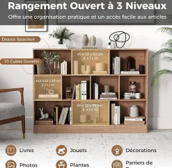 Bibliothèque,avec 10 Cubes Ouvertes, Étagère à 3 Niveaux pour Livres Jouets, pour Salon,Chambre, 140x24x104CM (Naturel)