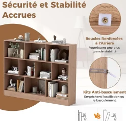 Bibliothèque,avec 10 Cubes Ouvertes, Étagère à 3 Niveaux pour Livres Jouets, pour Salon,Chambre, 140x24x104CM (Naturel)