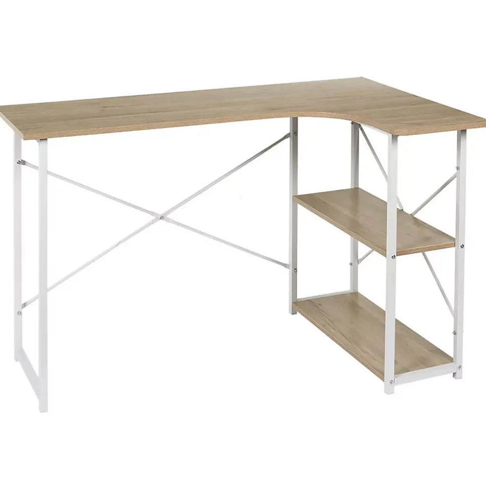 BIWO - Bureau d'Angle Blanc et avec 2 Tablettes