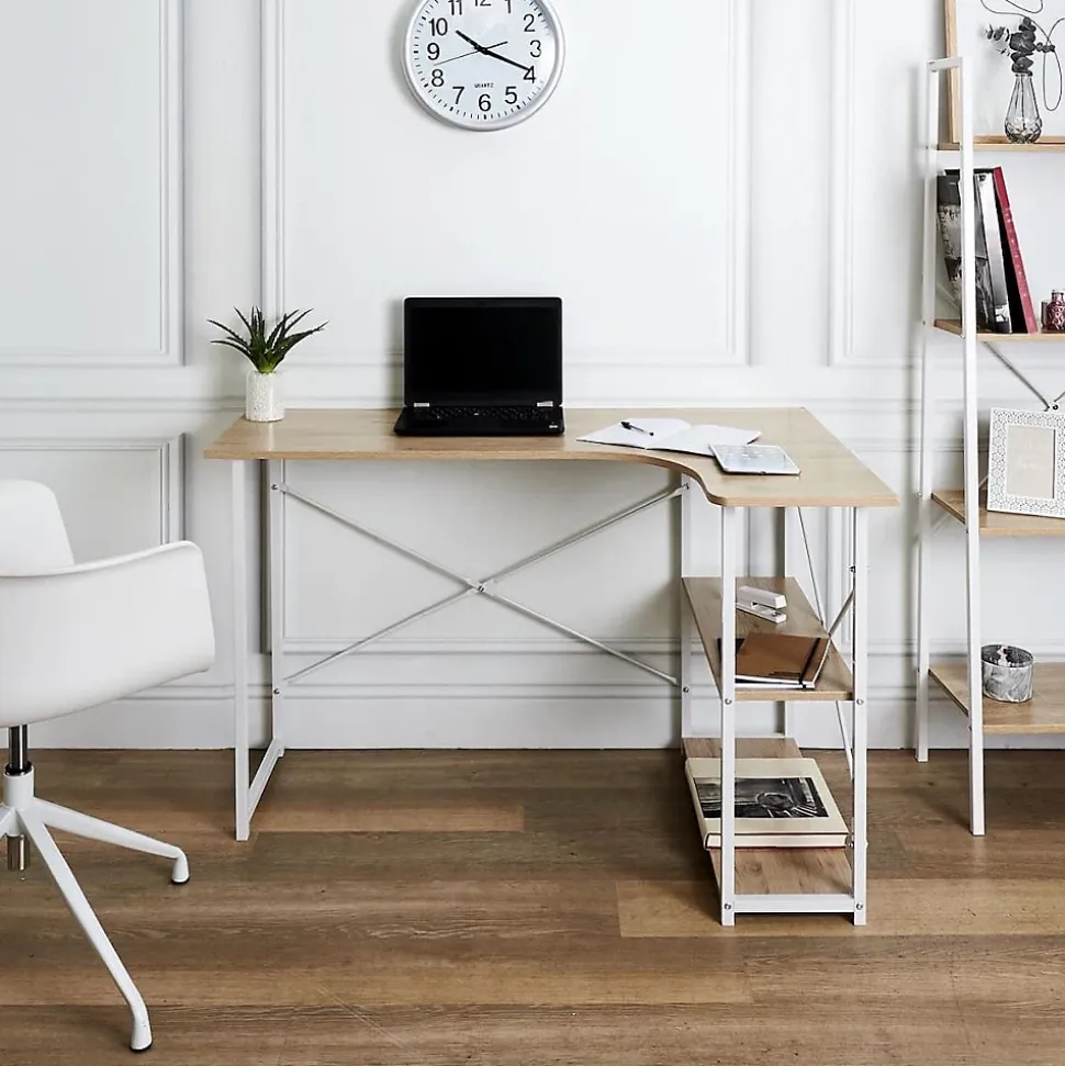 BIWO - Bureau d'Angle Blanc et avec 2 Tablettes