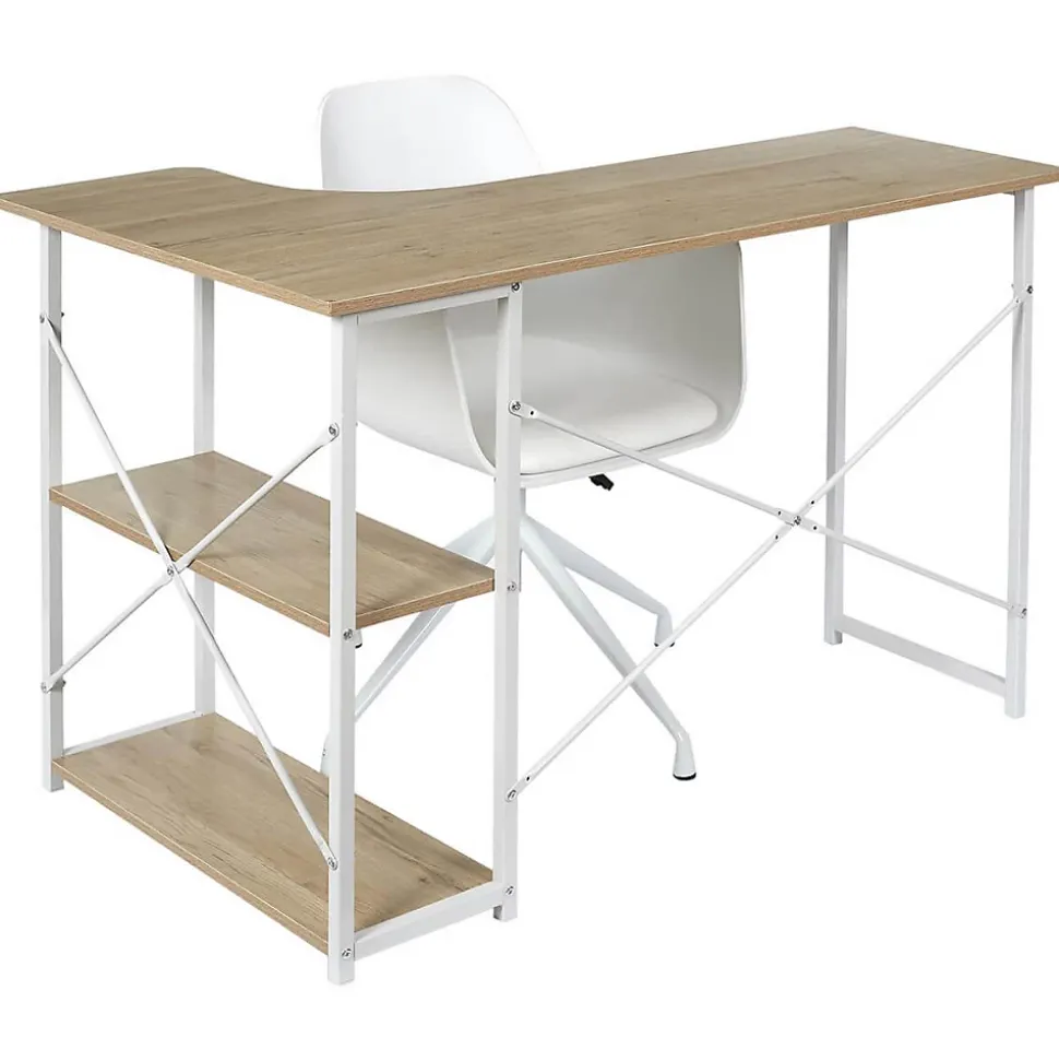 BIWO - Bureau d'Angle Blanc et avec 2 Tablettes