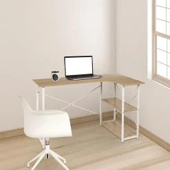 BIWO - Bureau d'Angle Blanc et avec 2 Tablettes