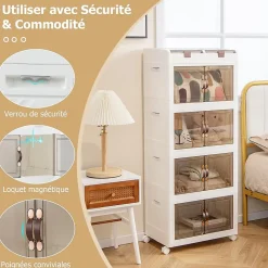 Boîte de Rangement à 4 Niveaux-2 Petits Compartiments Supérieurs et 4 Grands Compartiments à Doubles Portes Blanc
