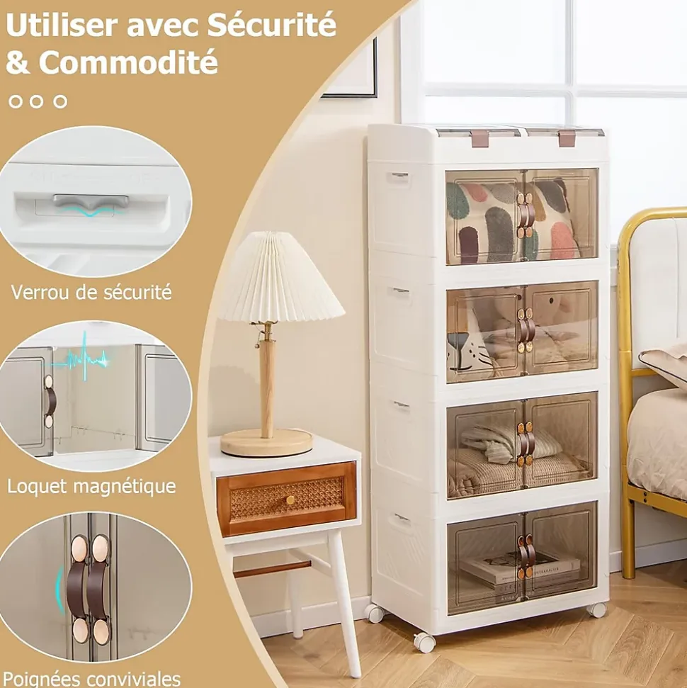 Boîte de Rangement à 4 Niveaux-2 Petits Compartiments Supérieurs et 4 Grands Compartiments à Doubles Portes Blanc