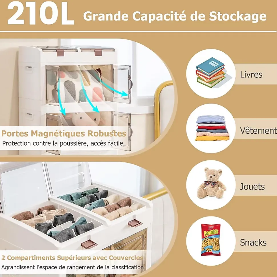 Boîte de Rangement à 4 Niveaux-2 Petits Compartiments Supérieurs et 4 Grands Compartiments à Doubles Portes Blanc