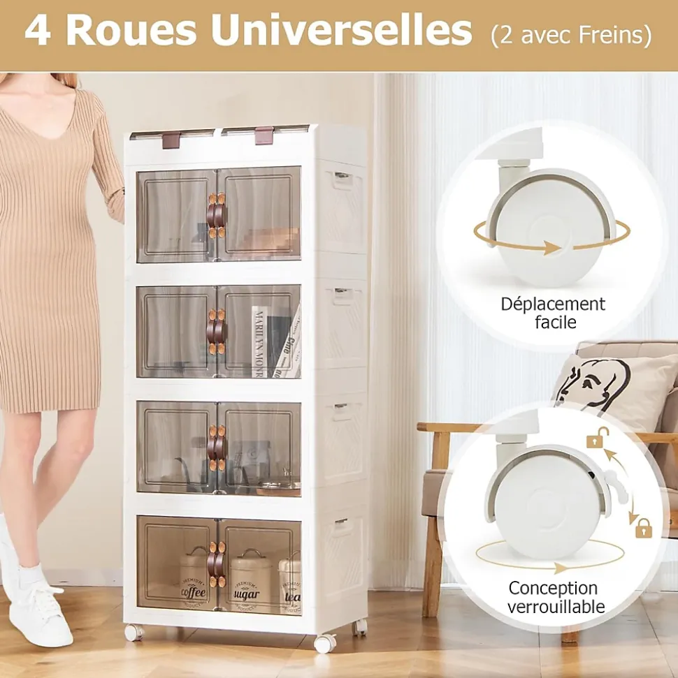 Boîte de Rangement à 4 Niveaux-2 Petits Compartiments Supérieurs et 4 Grands Compartiments à Doubles Portes Blanc