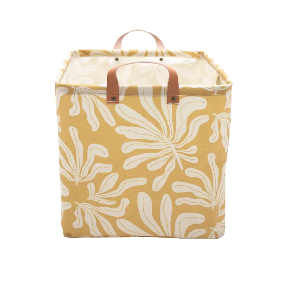 Boîte de rangement carrée en polycoton avec cadre Mixxit motif feuilles jaune et blanc
