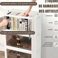 Boîte de Rangement Empilable 4 Bacs de Armoire avec Roues Verrouillables Commode Pliable en PP avec Portes