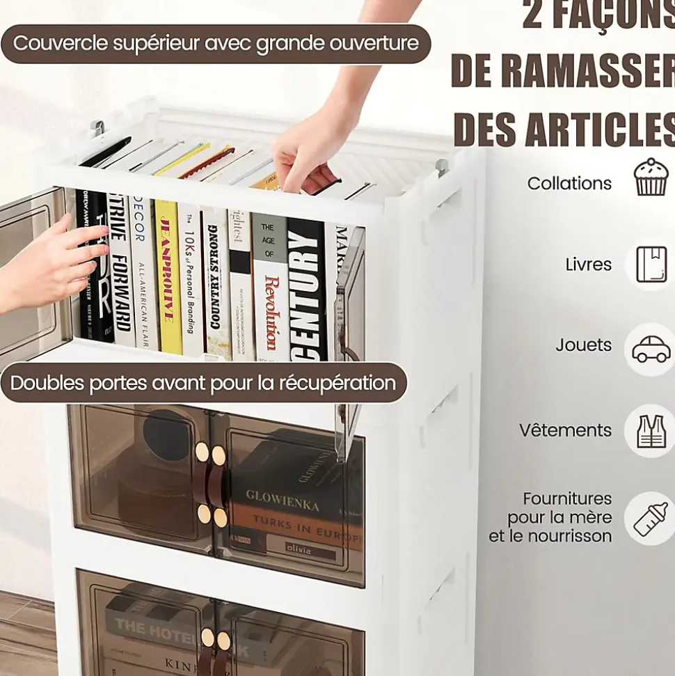 Boîte de Rangement Empilable 4 Bacs de Armoire avec Roues Verrouillables Commode Pliable en PP avec Portes