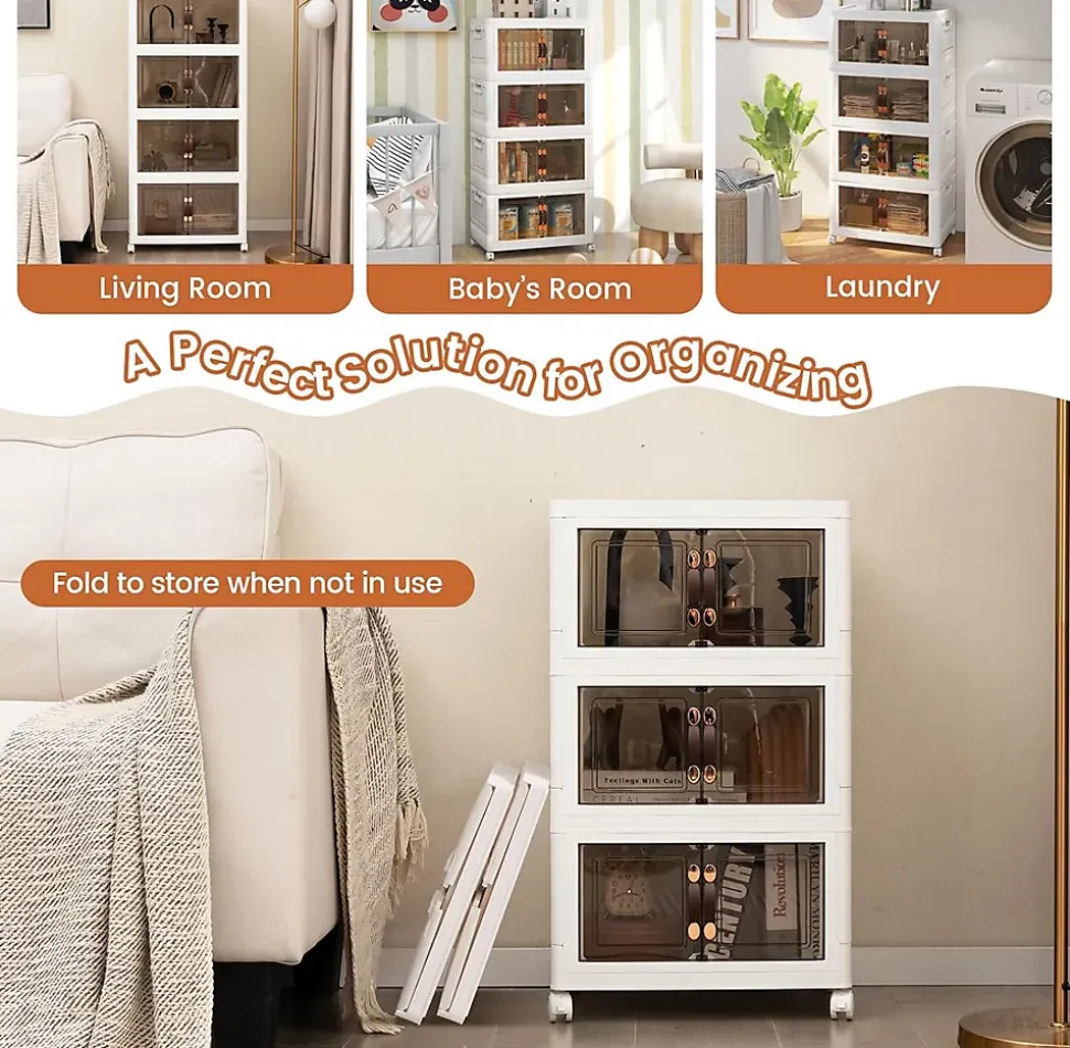 Boîte de Rangement Empilable 4 Bacs de Armoire avec Roues Verrouillables Commode Pliable en PP avec Portes