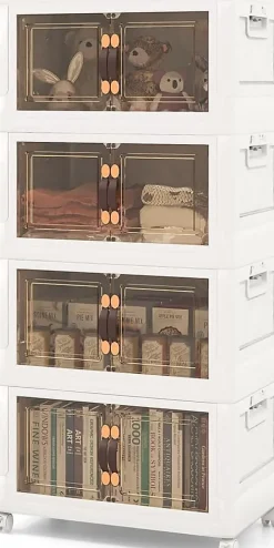 Boîte de Rangement Empilable 4 Bacs de Armoire avec Roues Verrouillables Commode Pliable en PP avec Portes