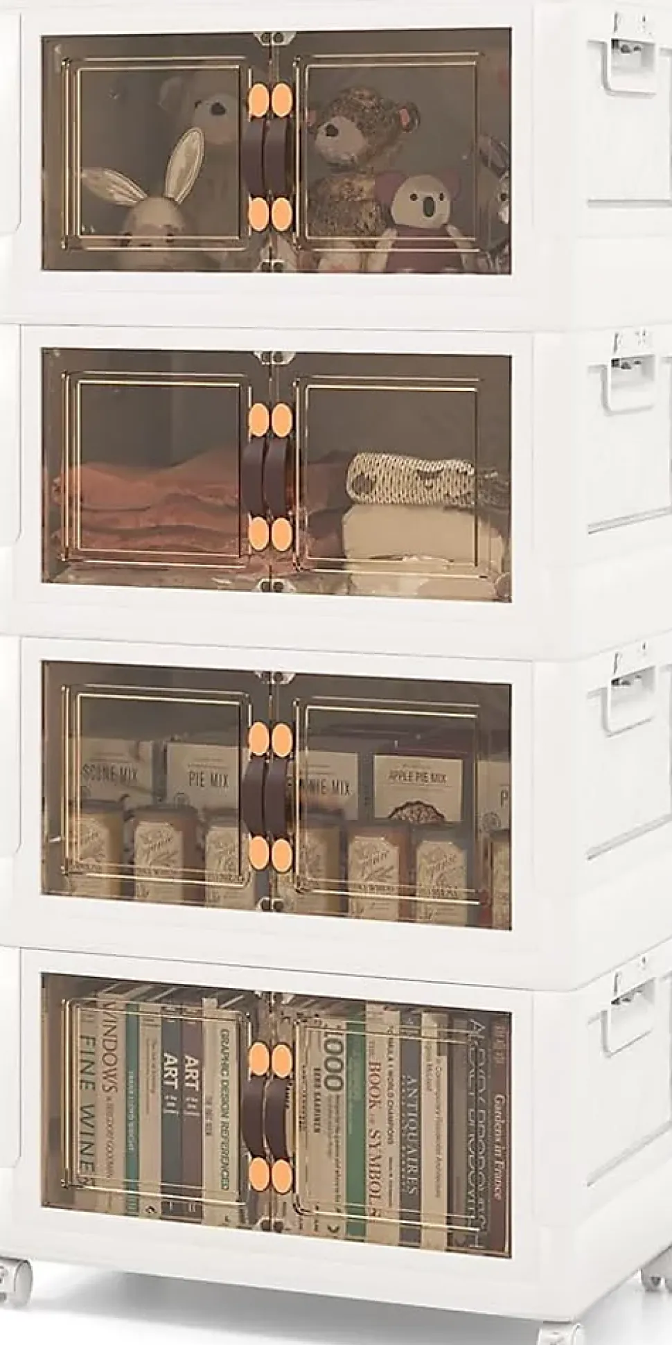 Boîte de Rangement Empilable 4 Bacs de Armoire avec Roues Verrouillables Commode Pliable en PP avec Portes