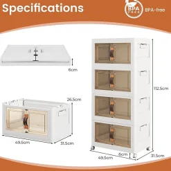 Boîte de Rangement Empilable 4 Bacs de Armoire avec Roues Verrouillables Commode Pliable en PP avec Portes
