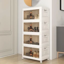 Boîte de Rangement Empilable 4 Bacs de Armoire avec Roues Verrouillables Commode Pliable en PP avec Portes