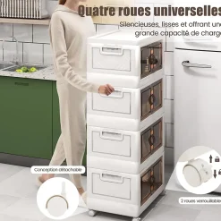 Boîte de Rangement Empilable 4 Bacs de Armoire avec Roues Verrouillables Commode Pliable en PP avec Portes
