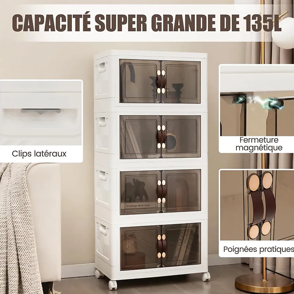 Boîte de Rangement Empilable 4 Bacs de Armoire avec Roues Verrouillables Commode Pliable en PP avec Portes
