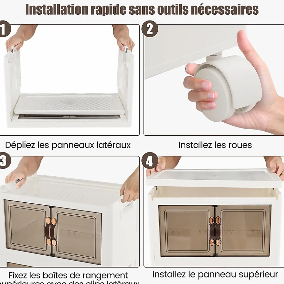 Boîte de Rangement Empilable 3 Bacs de Armoire avec Roues Verrouillables Commode Pliable en PP avec Portes