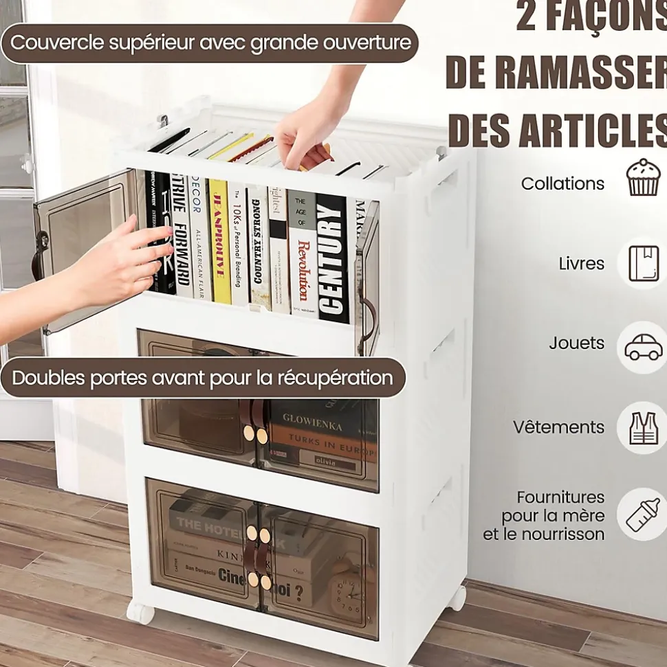 Boîte de Rangement Empilable 3 Bacs de Armoire avec Roues Verrouillables Commode Pliable en PP avec Portes