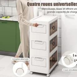 Boîte de Rangement Empilable 3 Bacs de Armoire avec Roues Verrouillables Commode Pliable en PP avec Portes