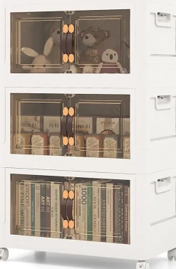 Boîte de Rangement Empilable 3 Bacs de Armoire avec Roues Verrouillables Commode Pliable en PP avec Portes
