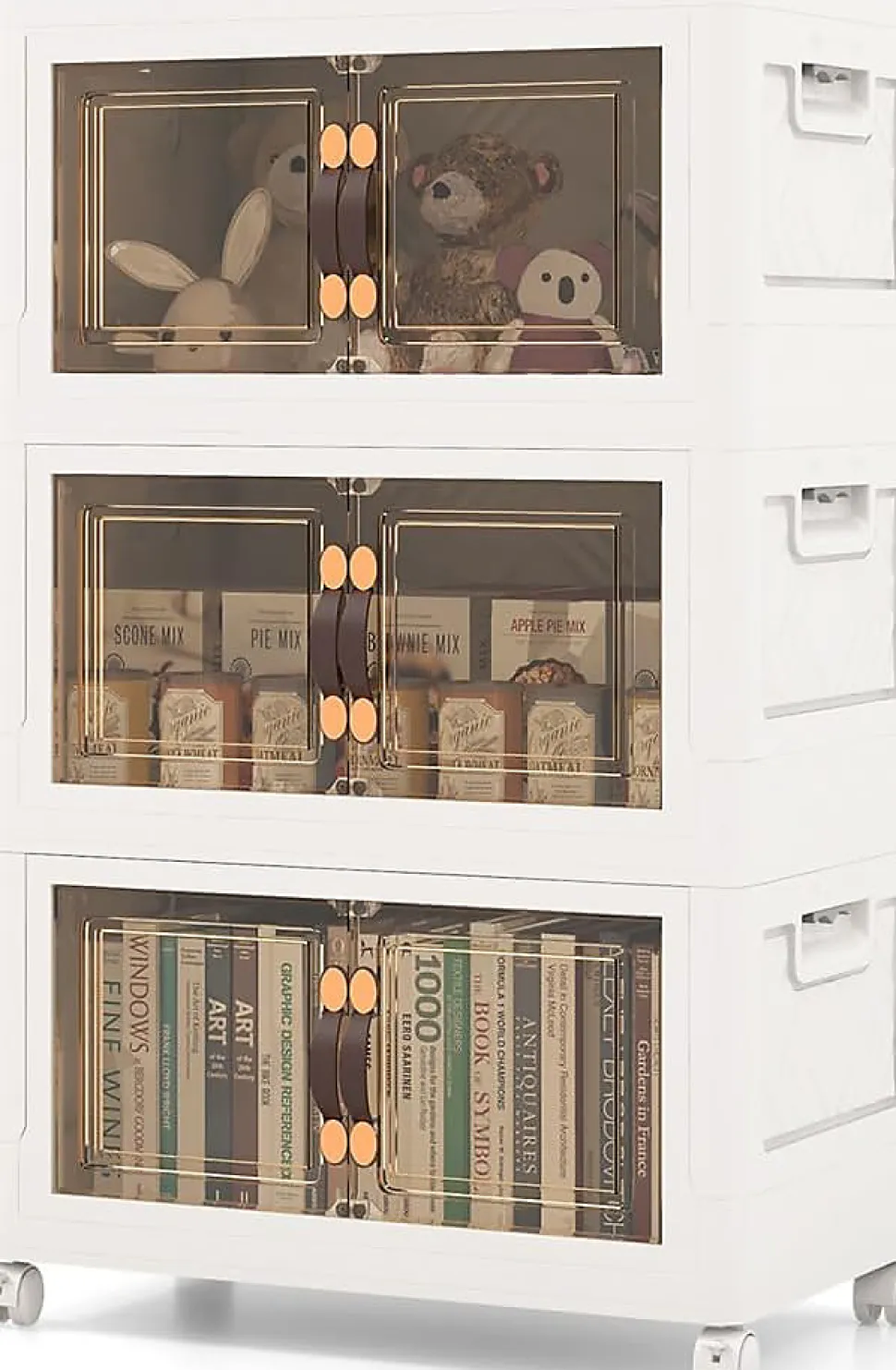 Boîte de Rangement Empilable 3 Bacs de Armoire avec Roues Verrouillables Commode Pliable en PP avec Portes