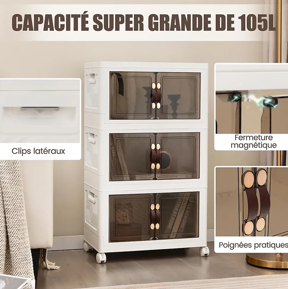 Boîte de Rangement Empilable 3 Bacs de Armoire avec Roues Verrouillables Commode Pliable en PP avec Portes