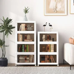 Boîte de Rangement Empilable 3 Bacs de Armoire avec Roues Verrouillables Commode Pliable en PP avec Portes